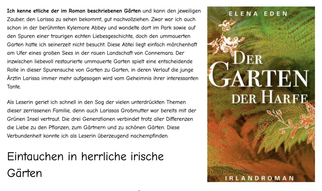 Irlandnews empfiehlt den Irlandroman "Der Garten der Harfe"